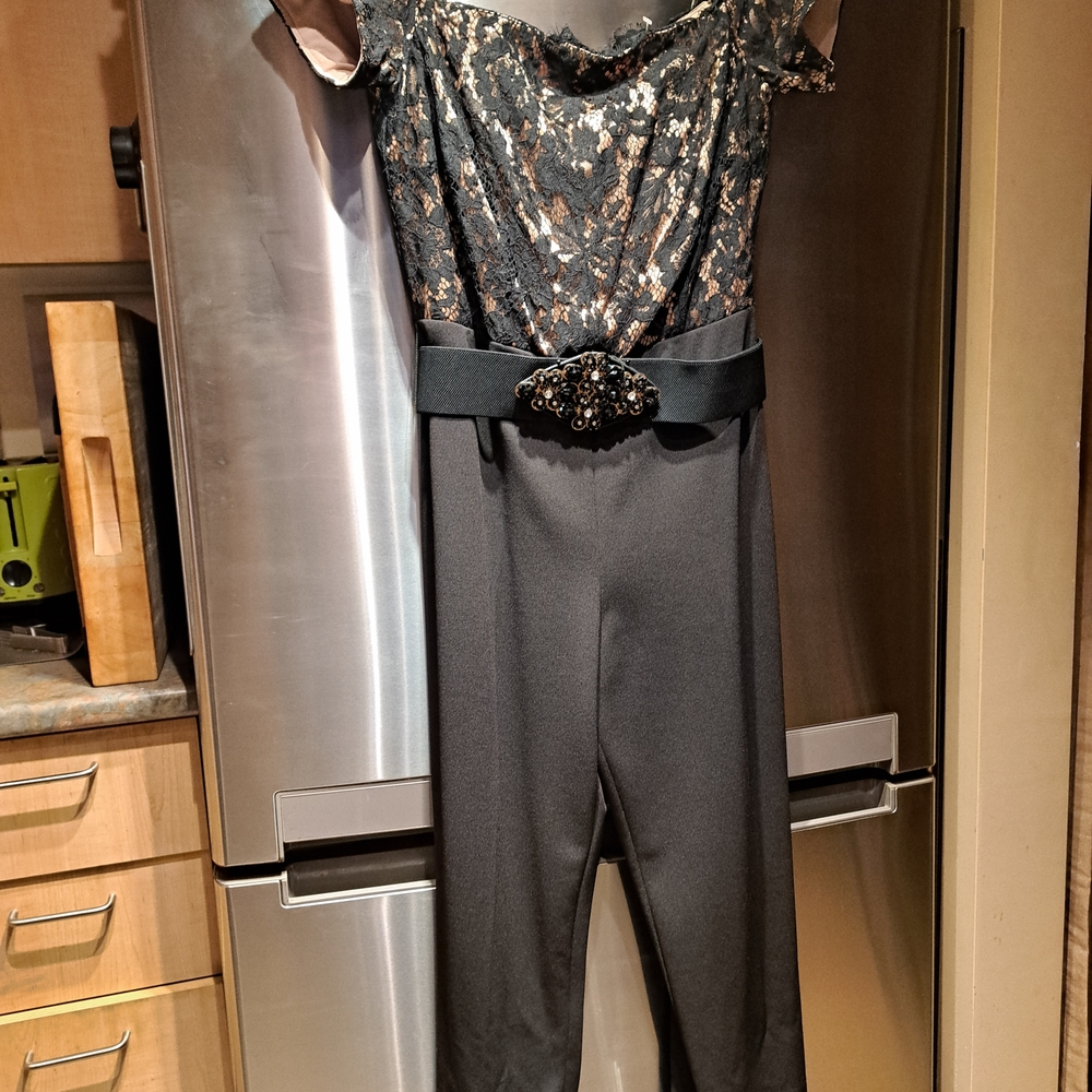 Frank Lyman Design Black and Gold Lace Jumpsuit
